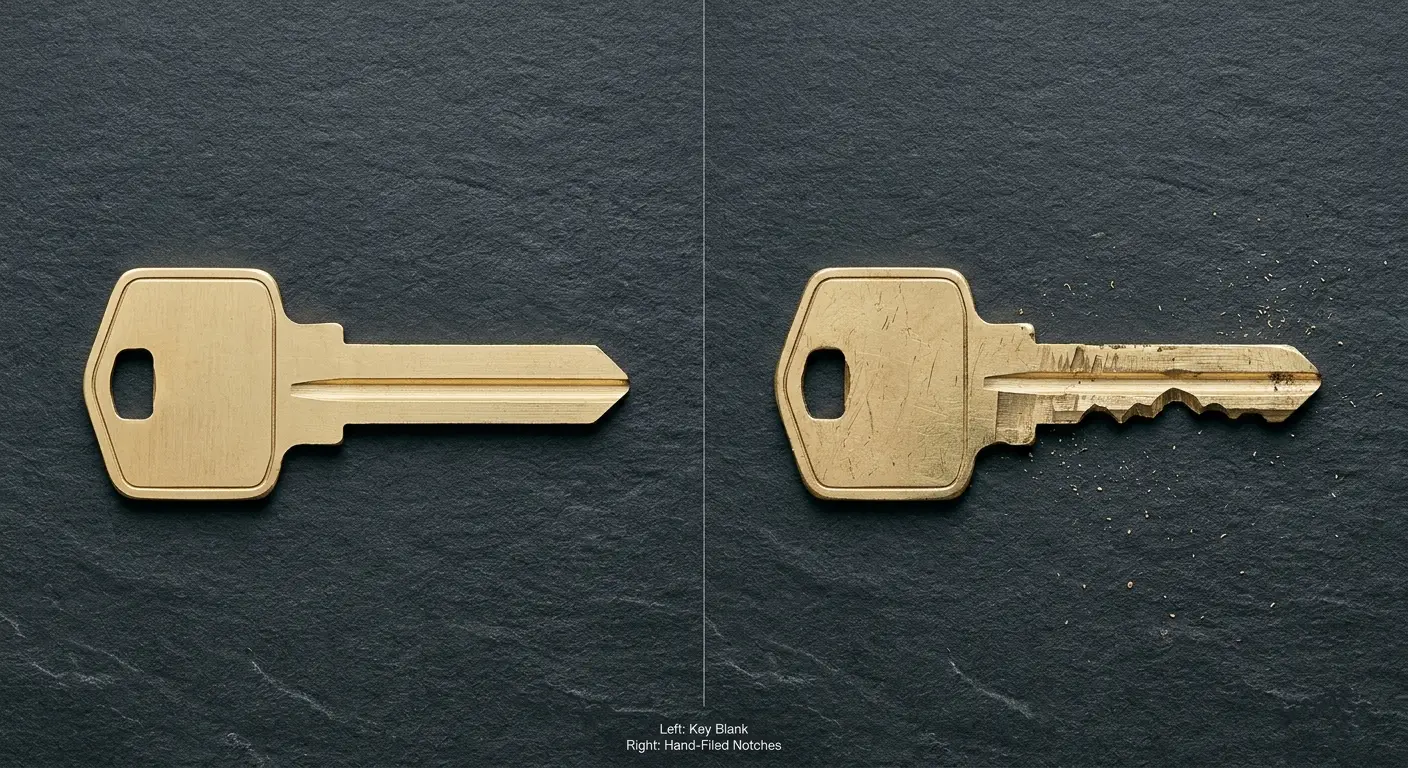 Fresh key blank compared to a partially impressioned blank with developing cuts