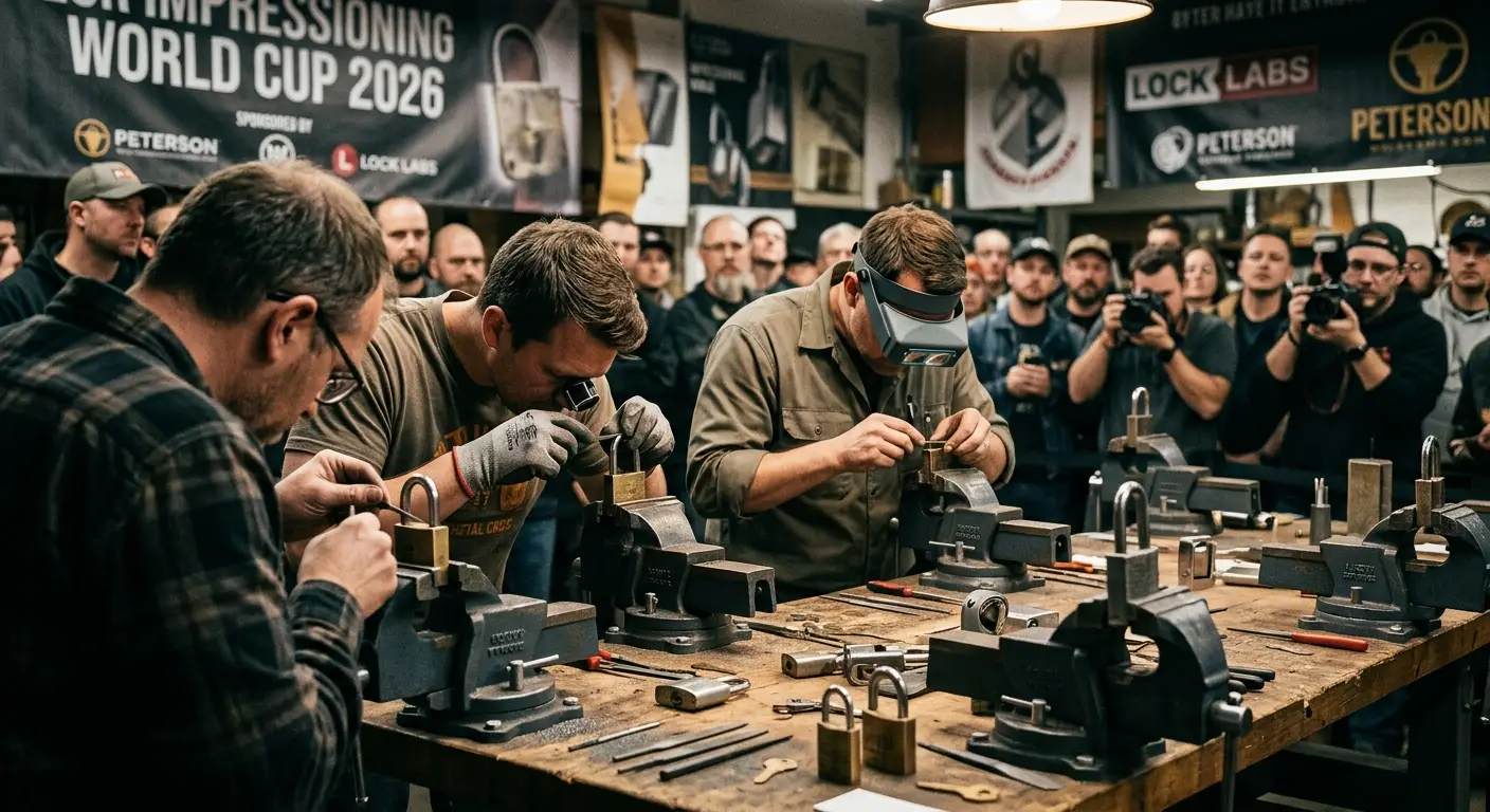 LockCon impressioning competition — competitors at workbenches with files and locks