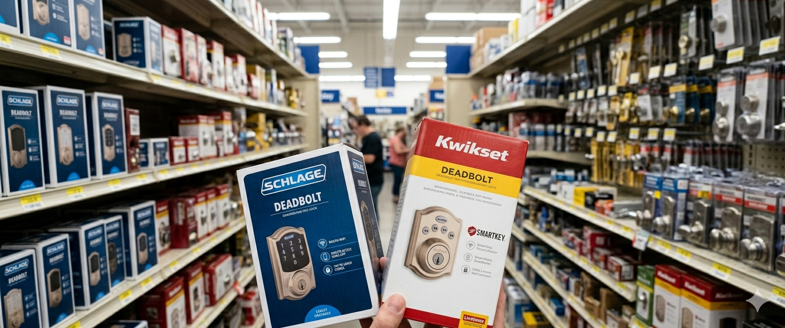 Schlage B60N deadbolt next to Kwikset SmartKey 980