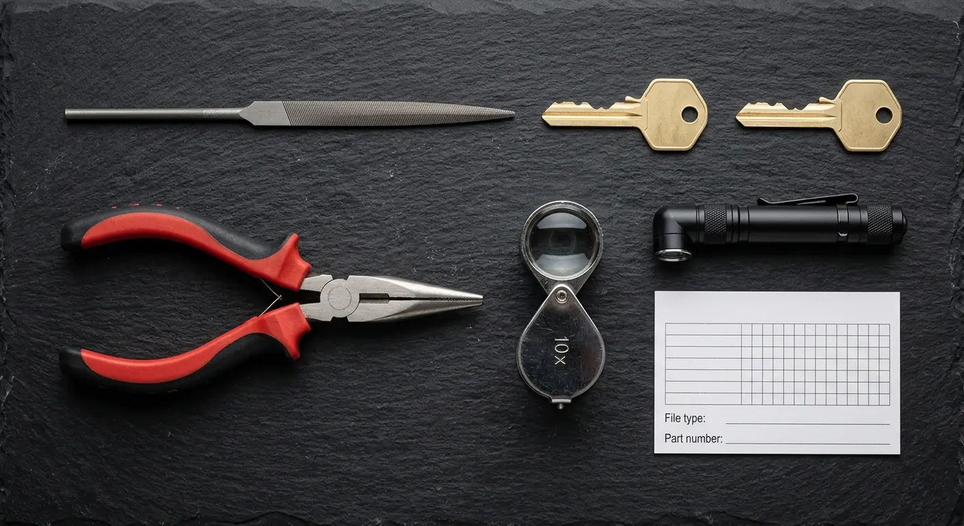 Complete impressioning toolkit flat-lay — pippin file, key blanks, vice grips, jeweler's loupe, LED light, file card