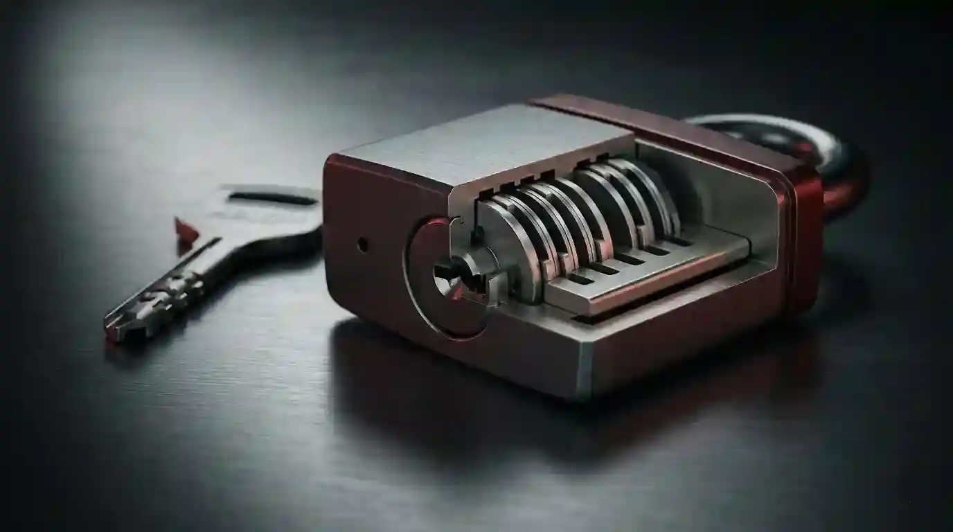 Abloy Protec2 padlock and key cutaway side by side