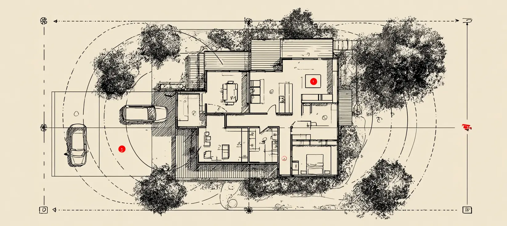 Home layout diagram showing camera placement at front, back, side and driveway