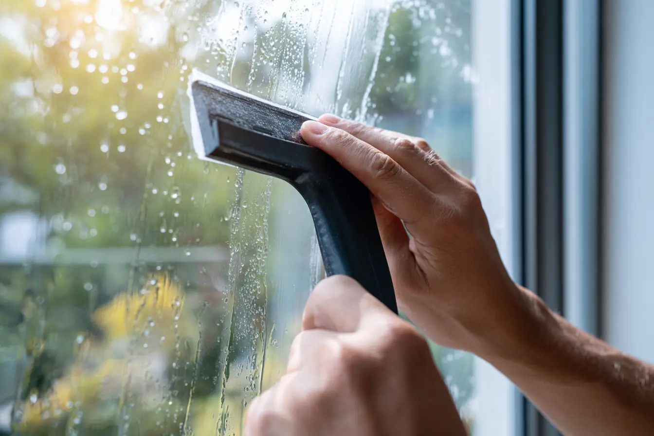 Window security film being applied with squeegee