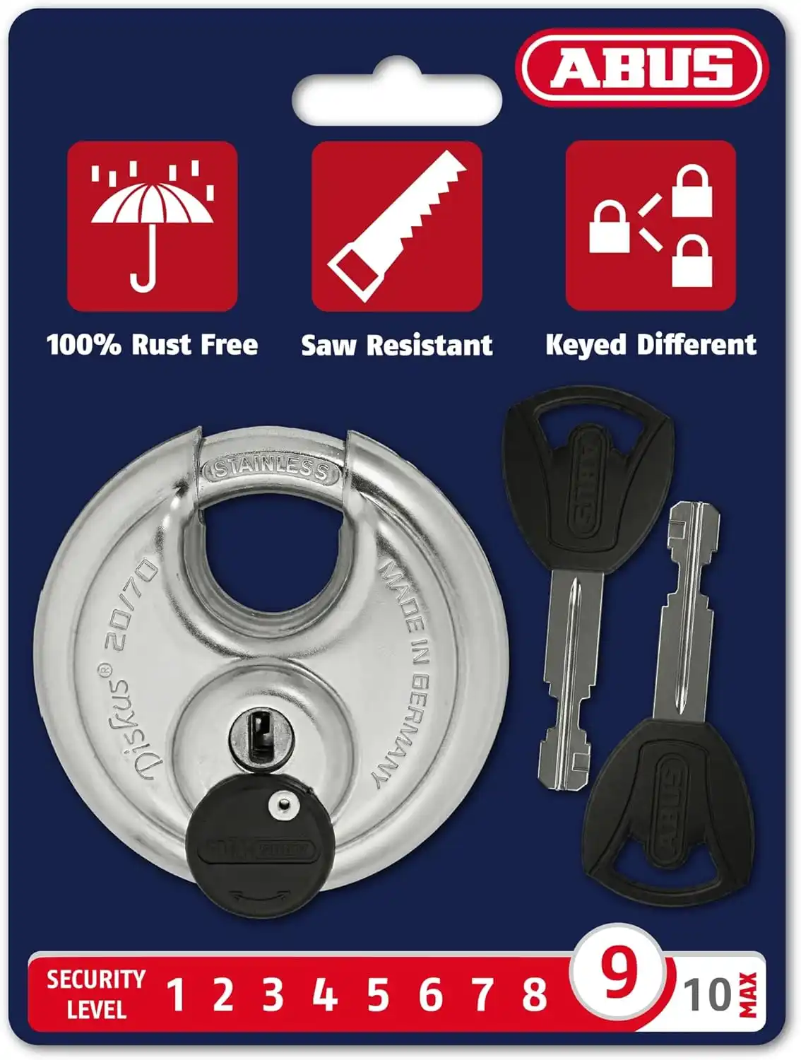ABUS Diskus 20/70 mounted on ABUS 140 hasp showing fully recessed shackle